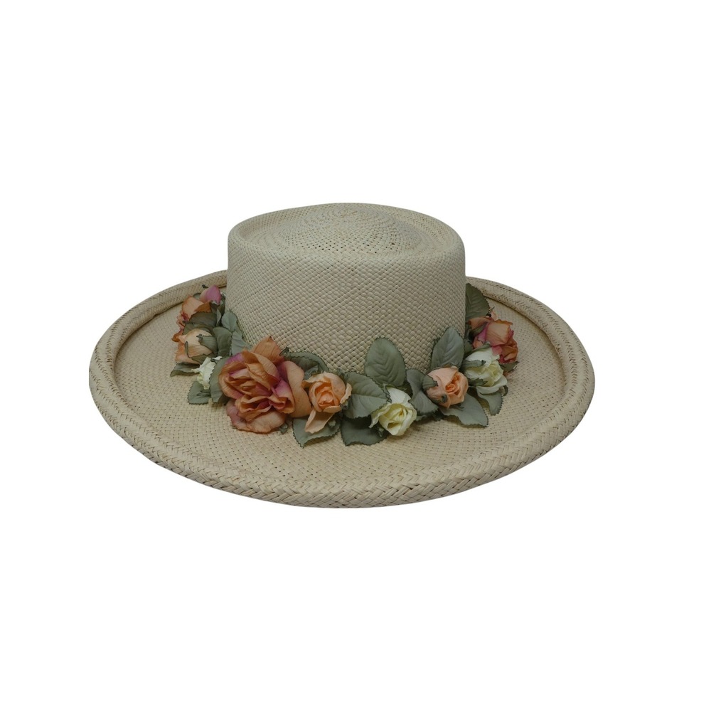 Callanan Floral Straw Boater Hat Womens OS Tan Pink Rose Garden Party Wide Brim